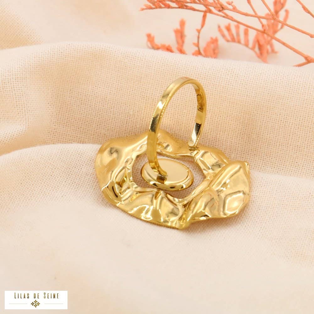 Yellow gold Open hammered openwork mother-of-pearl stainless steel ring 0424094 for wholesale on Faire1