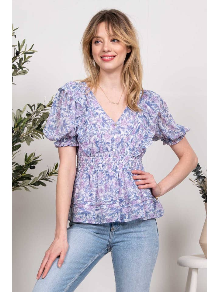 LILAC MULTI FLORAL PLEATED WOVEN TOP for wholesale on Faire