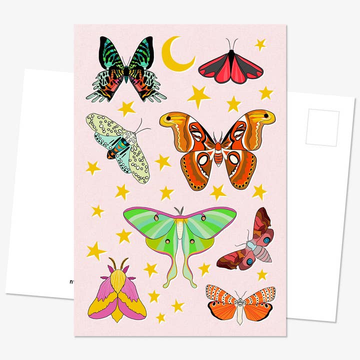 Postcard - Moths on Pink for wholesale by Natalie V. Mason