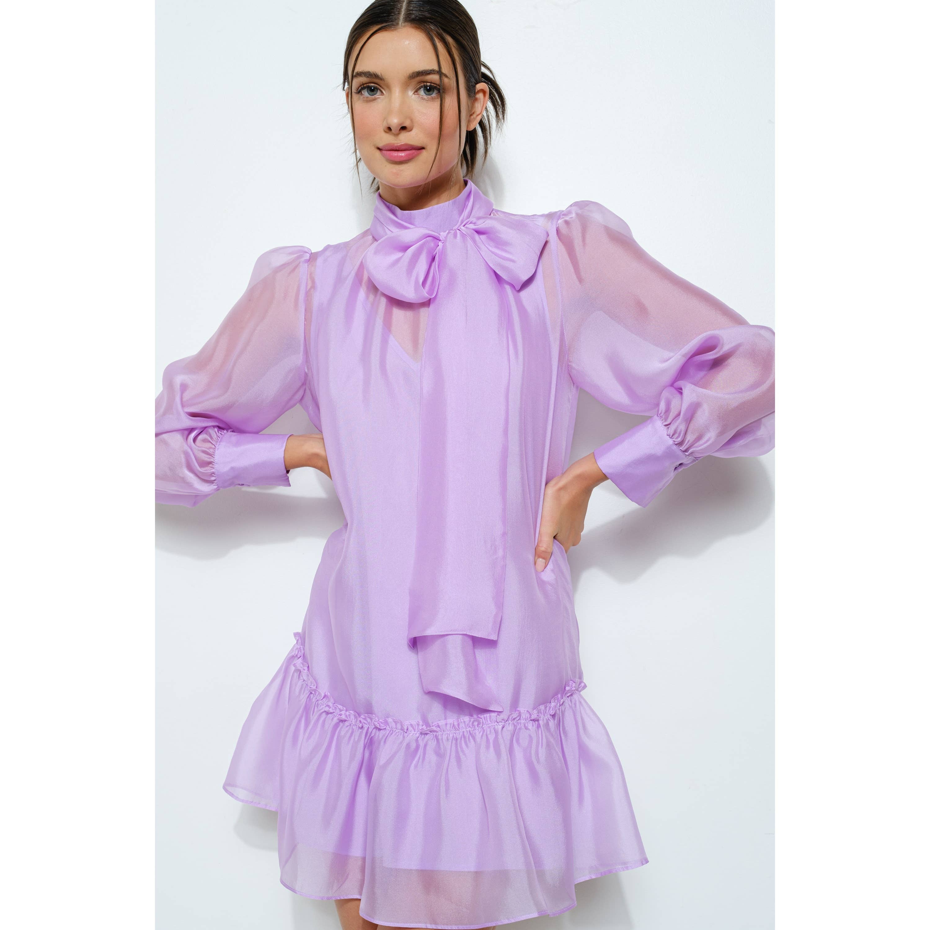 INA – Vestido - Mulher por atacado – Vestido Mini de Chiffon Pastel com Laço Transparente16