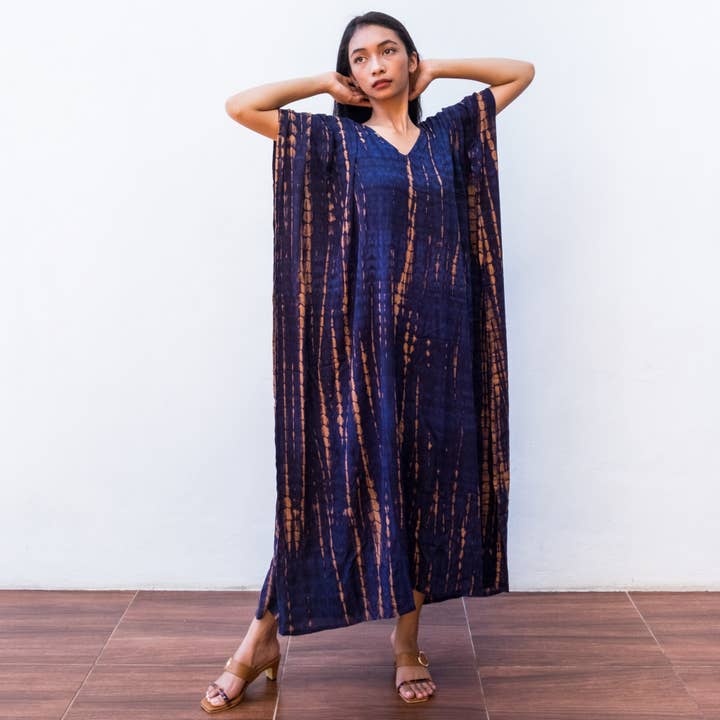 Tie Dye Kaftan Dress (Navy Gold) Sun Dress Beach Resort Wear for wholesale by Bali Harvest