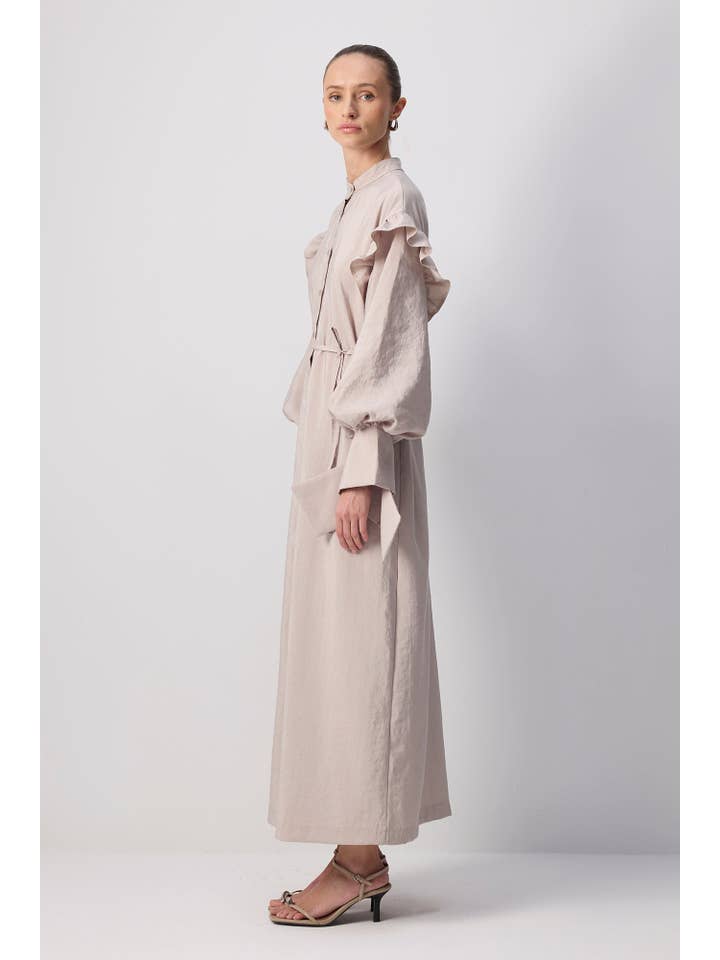 Stone RUFFLED CUPRO MAXI SHIRT DRESS WITH STATEMENTS SLEEVES for wholesale on Faire