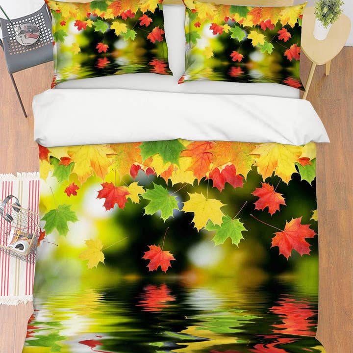 3D Maple Leaves Green Yellow Quilt Cover Set Bedding Set Pillowcases 72 for wholesale by Jess Art Decoration