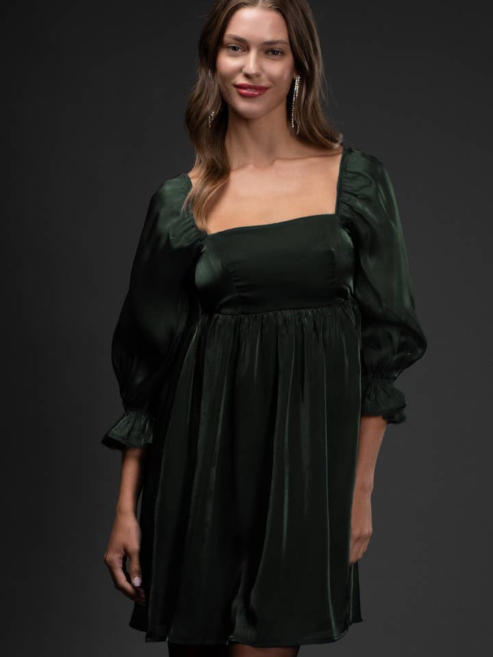 Blu Pepper - Wholesale Dress - Women's - SHIMMER SATIN 3/4 SLEEVE BABYDOLL MINI DRESS