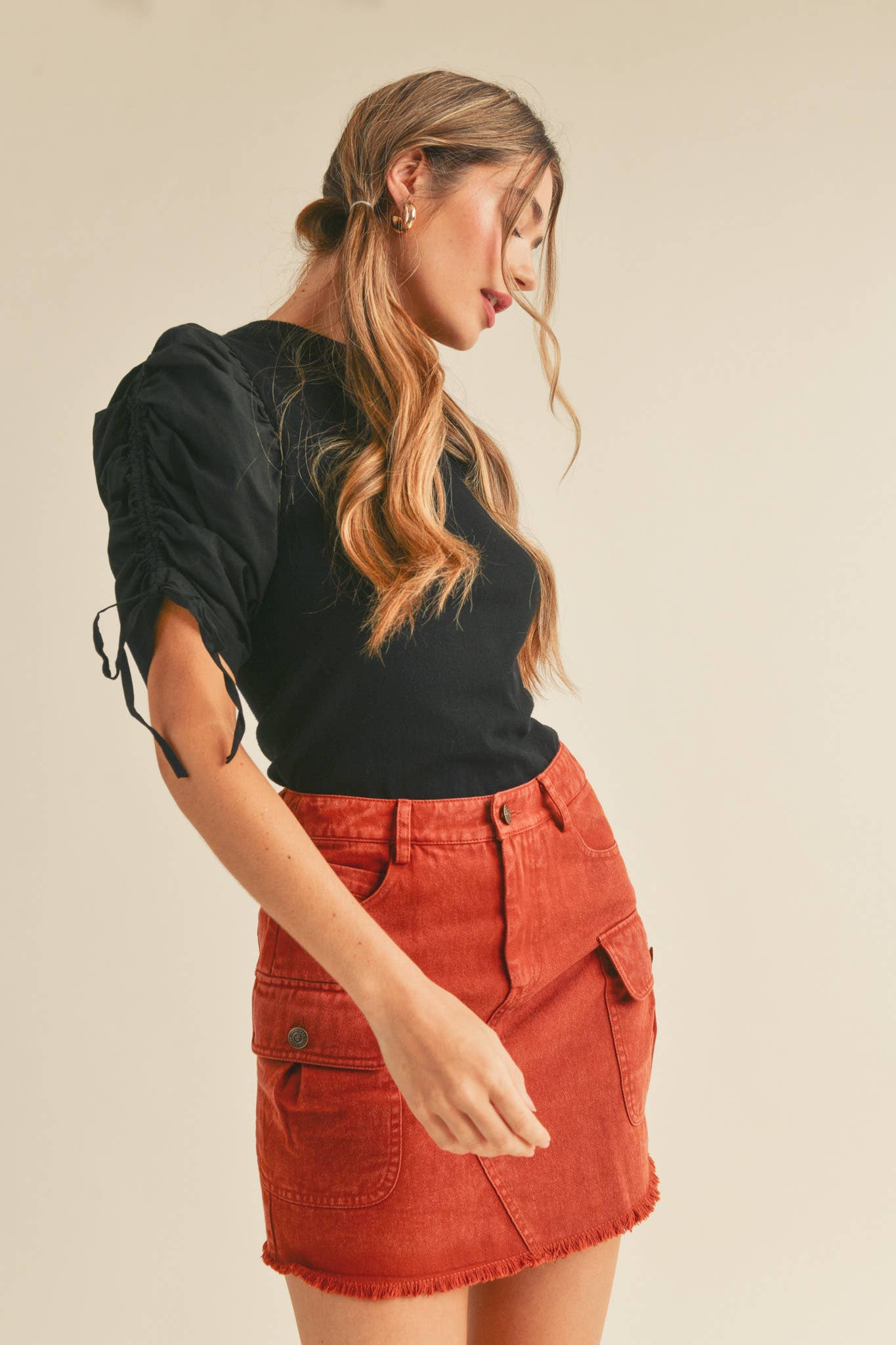 &MERCI - Wholesale Knit Top - Women's - RUCHED SLEEVE MIXED MEDIA TOP MSW246415