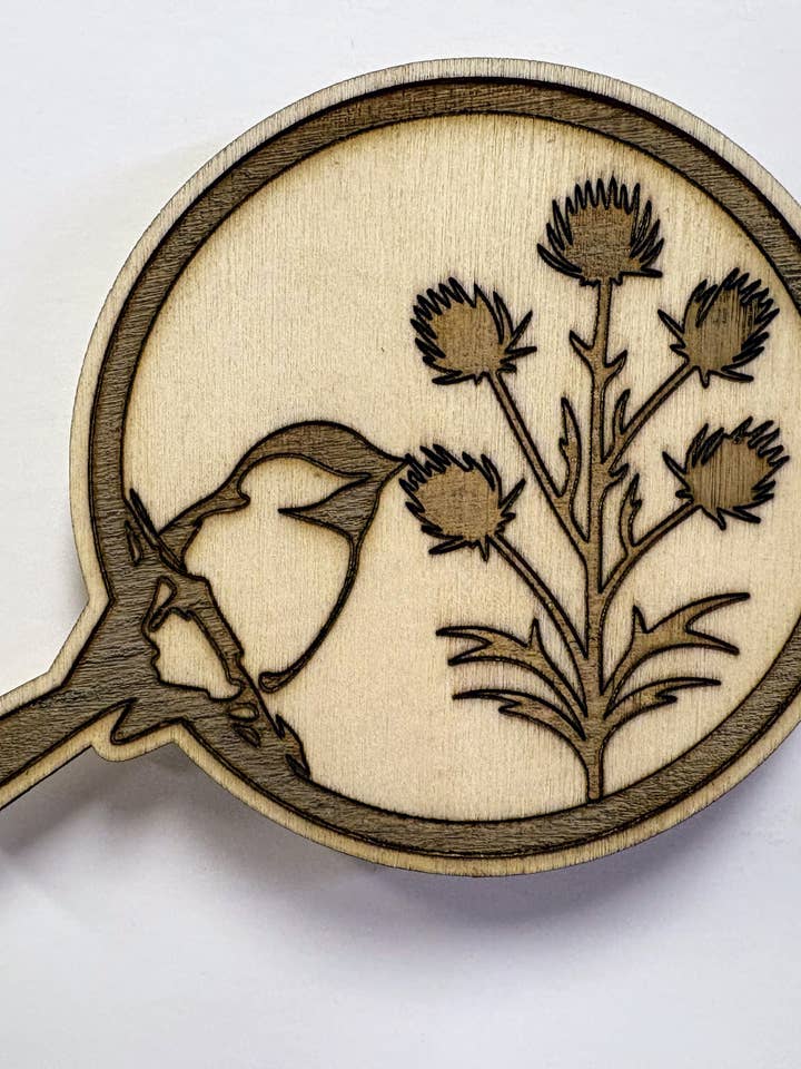 Chickadee & Thistle Wood Magnet for wholesale by Chickadee Woods Designs, LLC