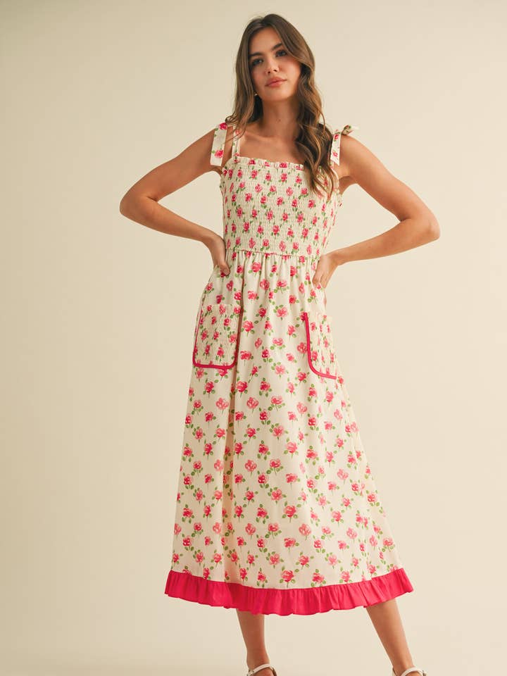 SMOCKED FLORAL TIE STRAP MIDI DRESS MDR3725 for wholesale by &MERCI