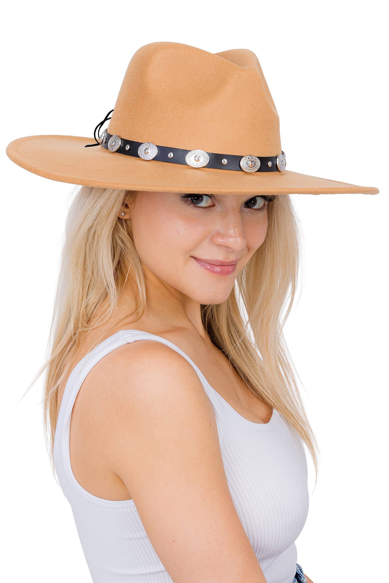 Cap Zone – wholesale Fedora – Women’s – Concho Belt Wide Flat Brim Felt Rancher Hat26