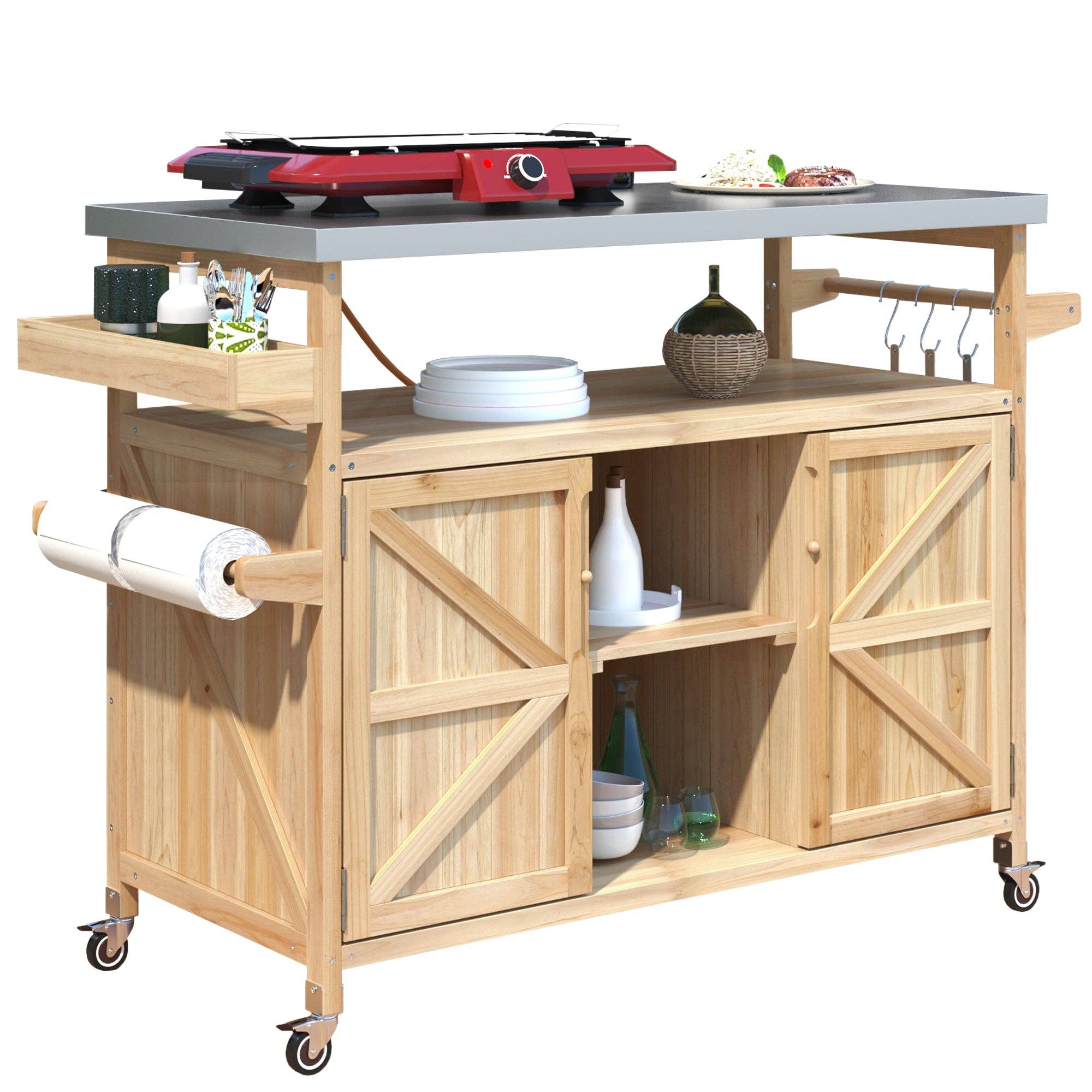 39F Inc. - Wholesale Outdoor Ornament/Decor - Outdoor Kitchen Island,Farmhouse Solid Wood Rolling Cart15