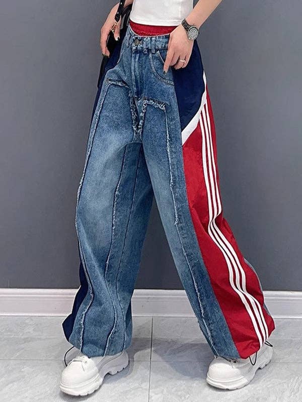 VividLux - Wholesale Jeans - Women's - Loose Wide Leg Contrast Color Drawstring Elasticity Fringed Split-Joint Jean Pants Bottoms3