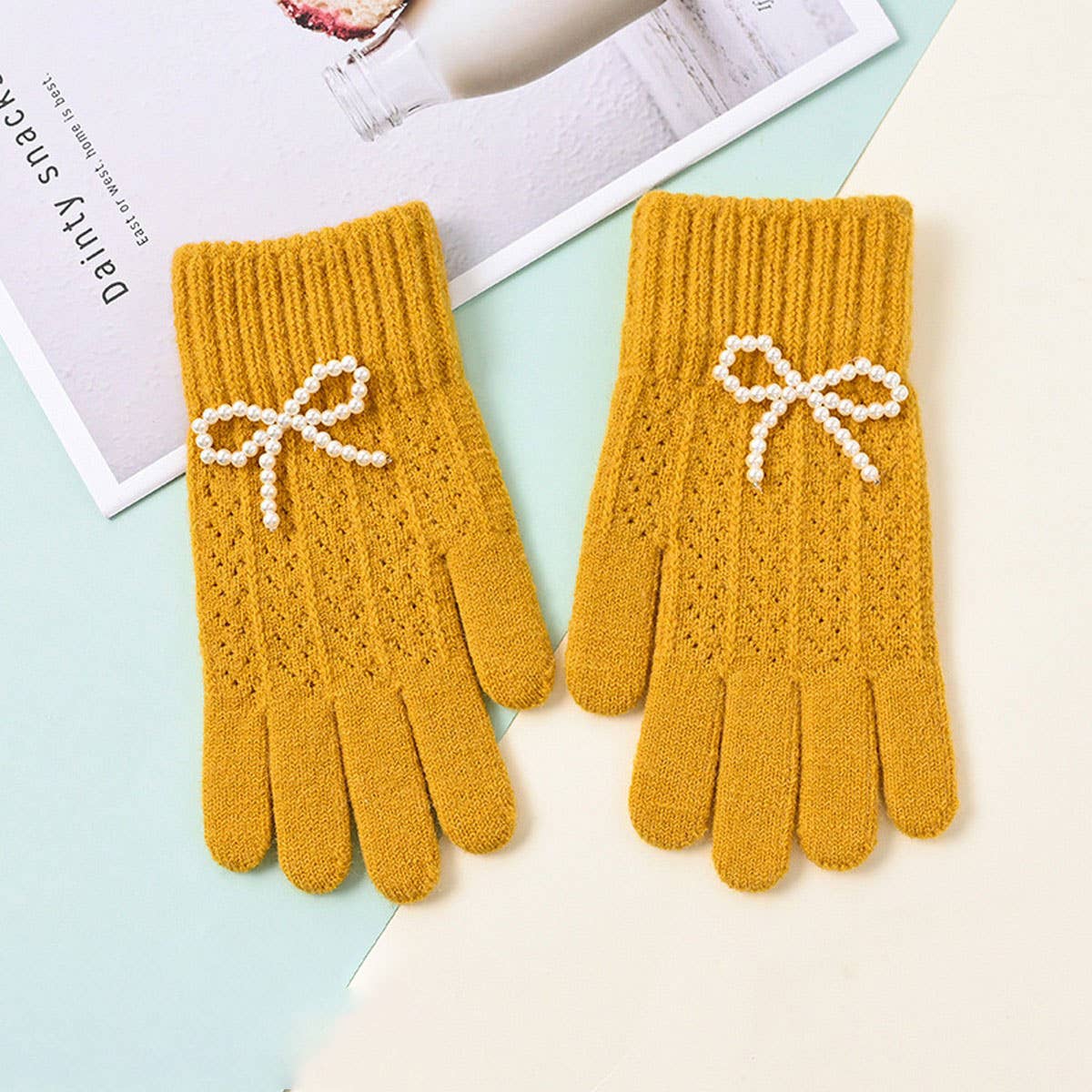 NINEXIS - Wholesale Gloves - Women's - CWAG00586_WOMEN WINTER KNIT BOW PEARL TOUCHSCREEN GLOVES8