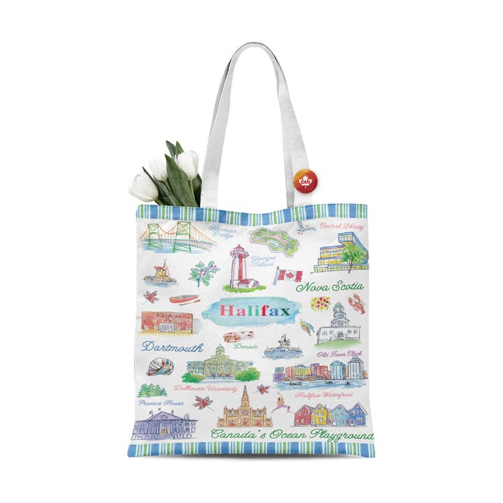 Halifax Nova Scotia Canvas Tote Bag Coastal Landmarks Art Reusable Shopping Bag for wholesale by Northern Icons Canada