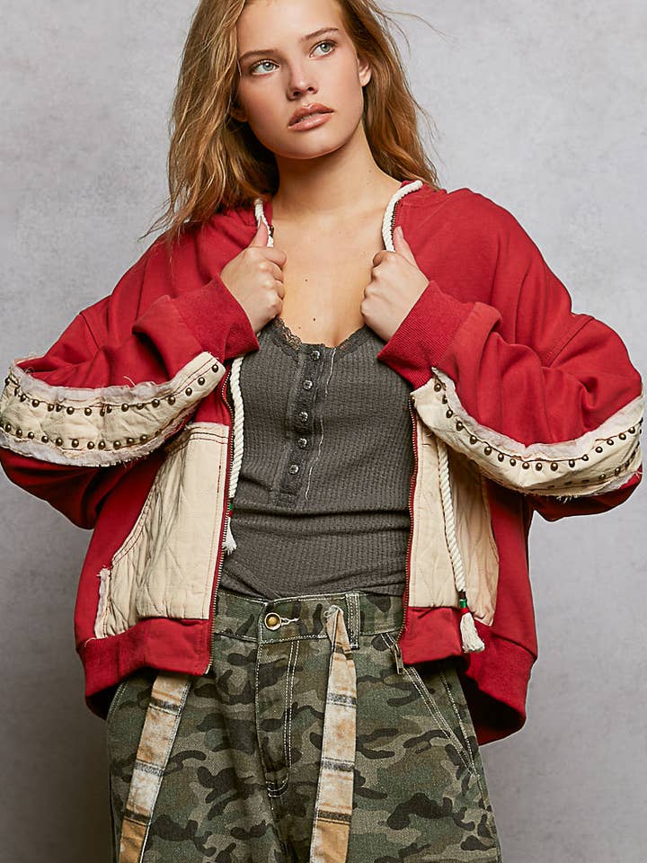 French Terry Quilted Contrast and Stud Zip-up Jacket for wholesale by Pol Clothing