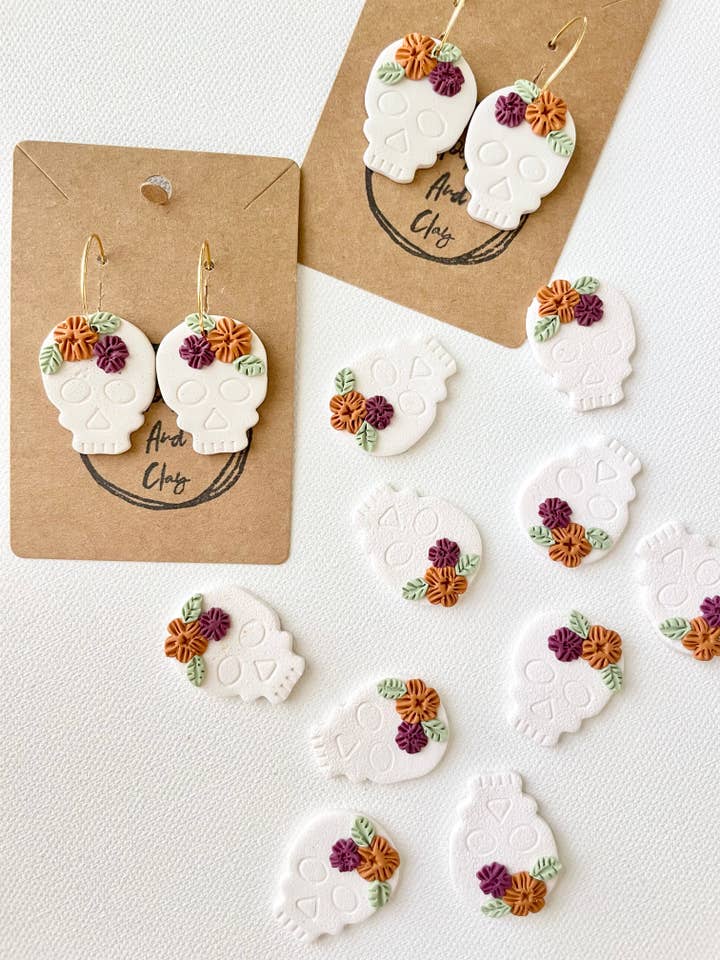 Floral Sugar Skull Polymer Clay Hoop Earring, Halloween for wholesale by Hooks and Clay