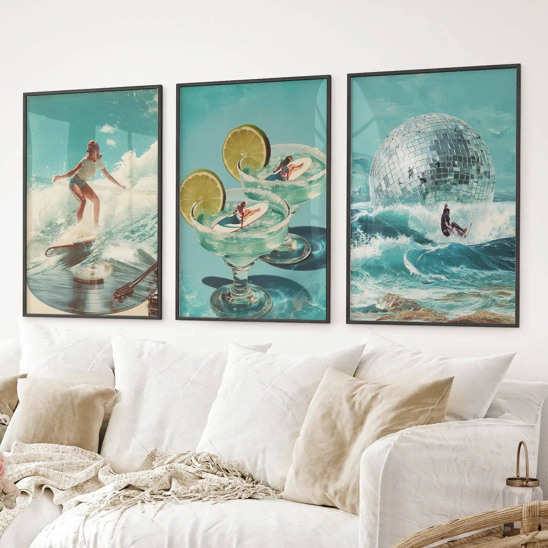 PrintSets.com - Wholesale Gallery Wall Set - Retro Coastal Surfing Wall Art Set of 3. Surreal Blue Wave3