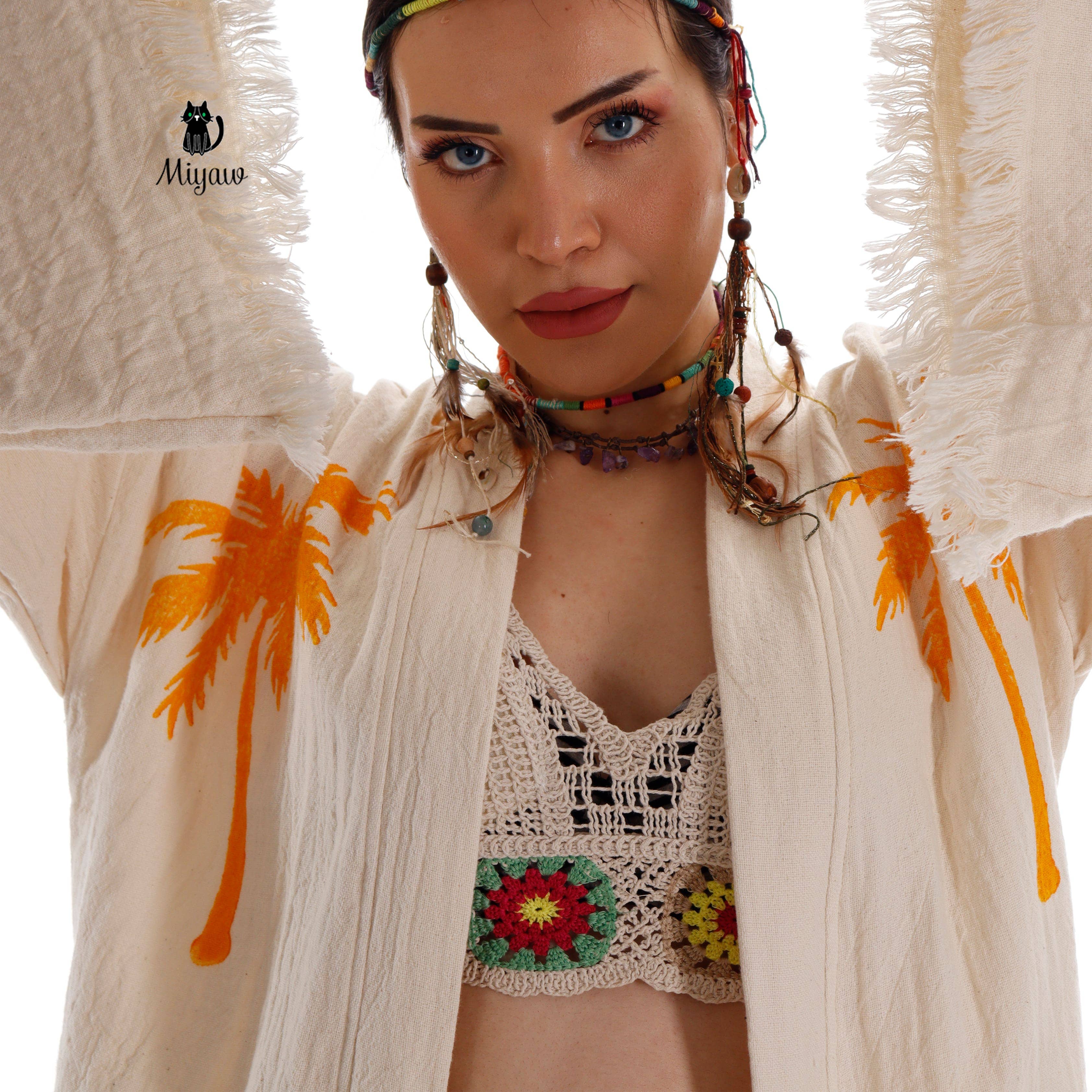 Pure & Chic, LLC - Miyawfashion - Wholesale Robe - Women's - Boho Palm Tree Stamped Organic Cotton Kimono Robe - Handcrafted Beach Coverup8