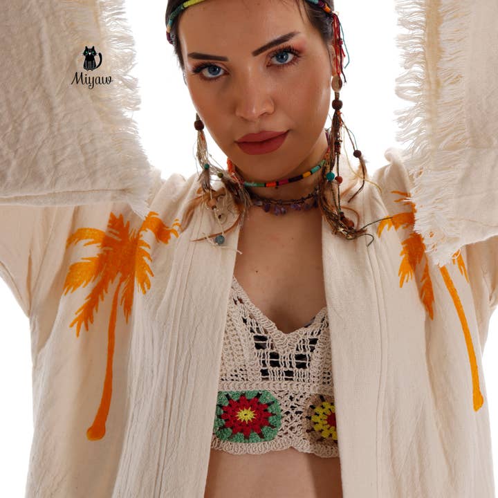 Pure & Chic, LLC - Miyawfashion - Vente Peignoir – femme - Kimono robe de plage bohème en coton biologique avec tampon palmier, fait main8