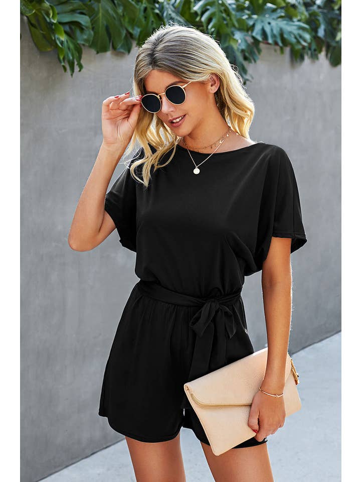 Supreme Fashion - Wholesale Romper - Women's - Boat Neck Short Sleeve Waist Tie Loose Romper
