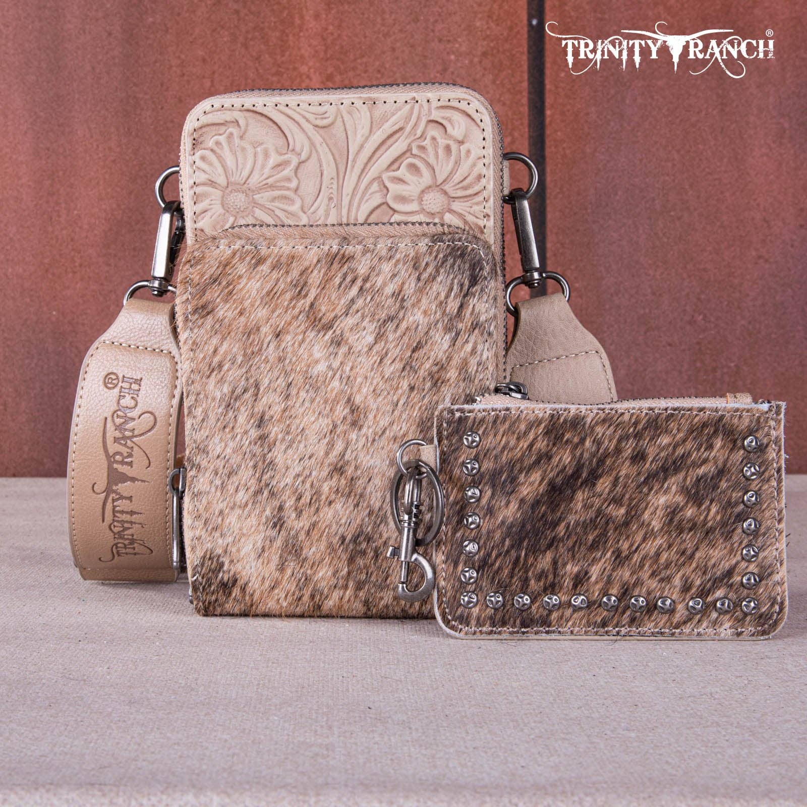 REMOVED BRAND - Wholesale Crossbody Bag - Women's - TR159 -183  Trinity Ranch Genuine Hair-On Cowhide /Tooled  Collection Phone Purse with Coin Pouch9