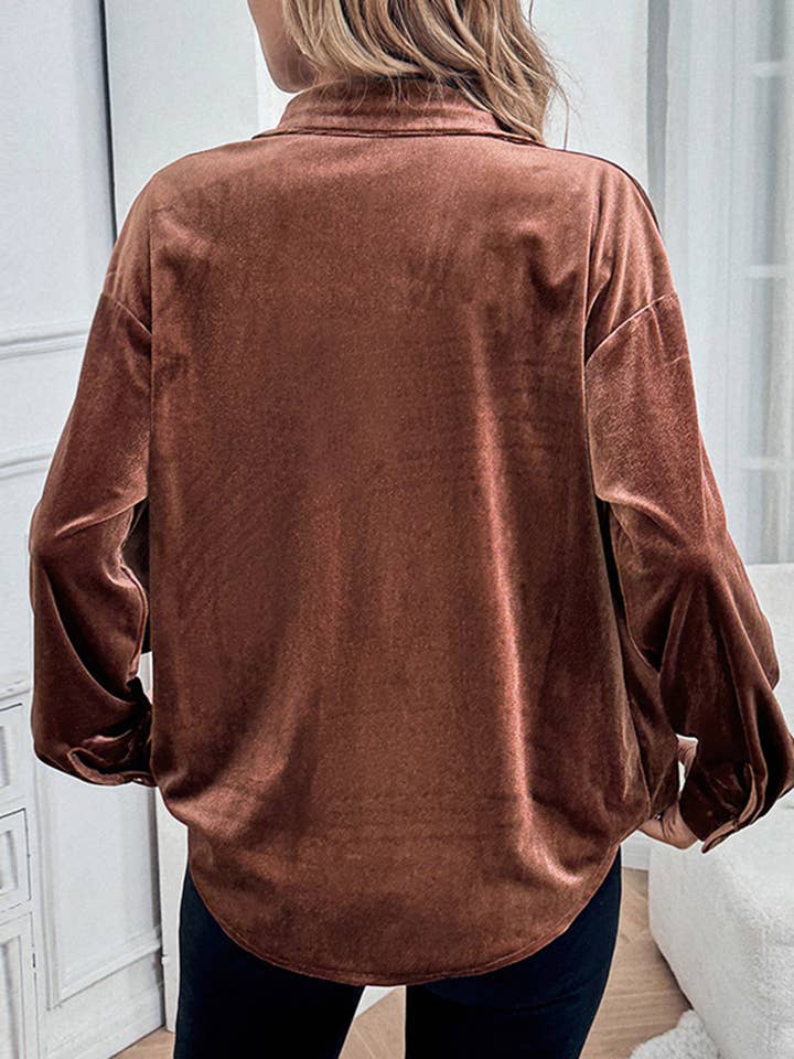 Brown Long Sleeved Velvet Cardigan Top for wholesale on Faire