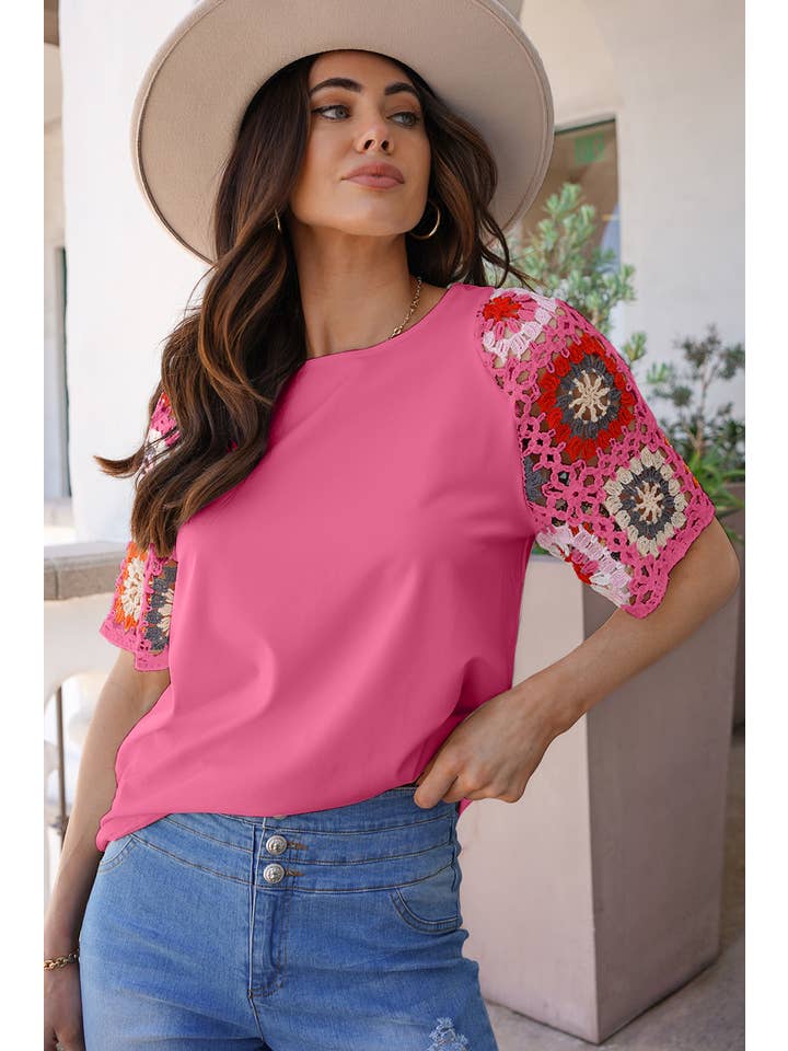 Aapparella - Wholesale Knit Top - Women's - Women Floral Crochet Patchwork Round Neck Top | S-XL