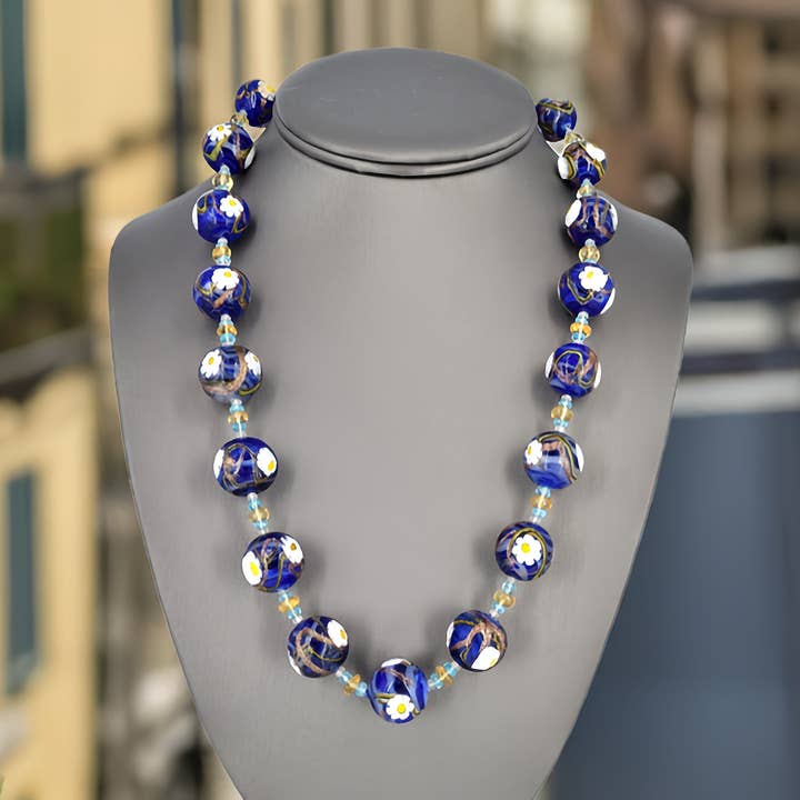 Blue Floral Round Murano Glass Ball Bead Necklace with Citrine and Apatite Gemstones for wholesale by Viktoria Simonë