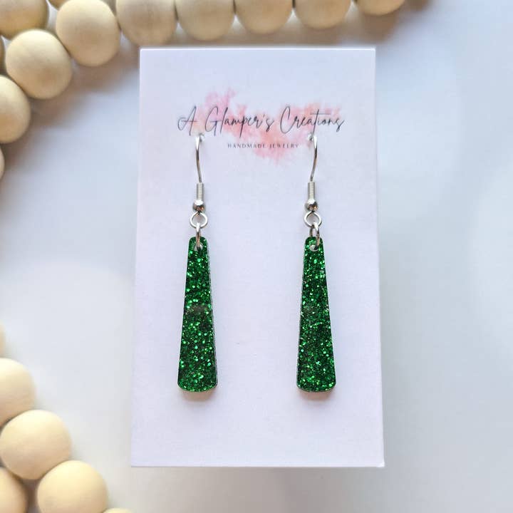 Green Glitter Angled Bars Acrylic Earrings - 1.25 in for wholesale by A Glamper's Creations LLC