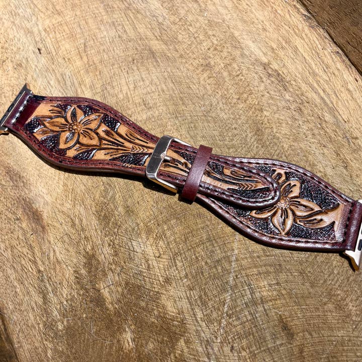 Western Linens - Wholesale Watch Band/Strap - Women's - 45mm Apple Watch band Floral Tooled Leather