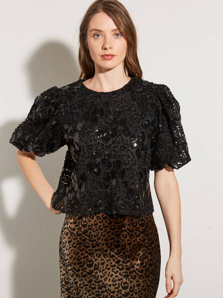 Top con estampado en relieve y lentejuelas para venta al por mayor de ELLI WHITE