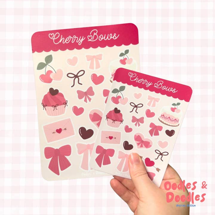 Cherry Bows Vinyl Sticker Sheet: Waterproof Coquette Decals for wholesale by Oodles & Doodles