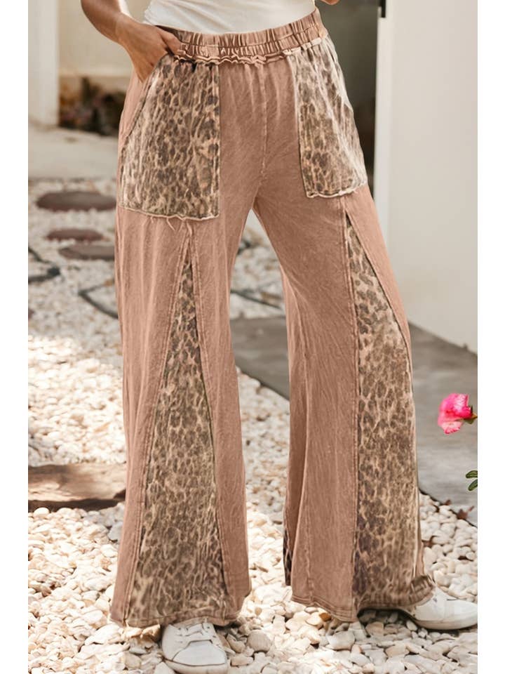 Straw Yellow LDC Mineral Wash Leopard Patchwork Wide Leg Pants for wholesale on Faire0