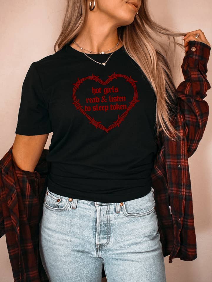 Black Hot Girls Read & Listen To Sleep Token Bookish Tee (RED) for wholesale on Faire3