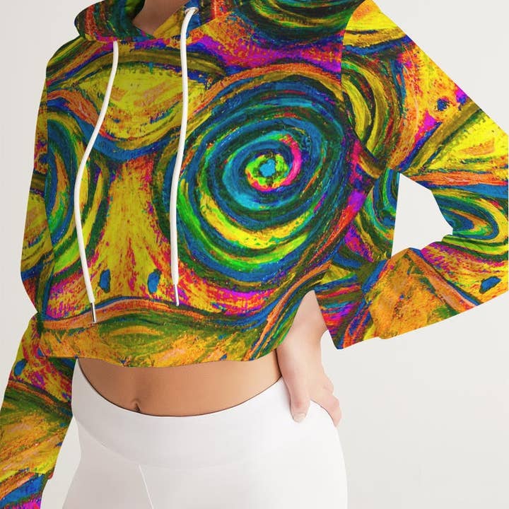 Hypnotic Frogs Sun Women's Cropped Hoodie for wholesale by Fridge Art Boutique