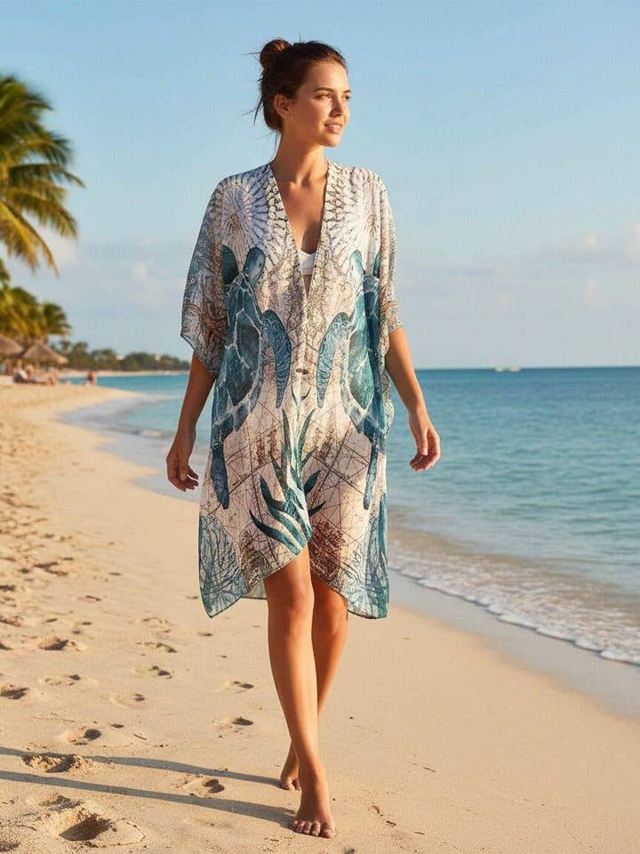 JC070960 Kimono Abierto Azul-Multicolor con Tortuga Marina para venta al por mayor de JC Sunny Fashion