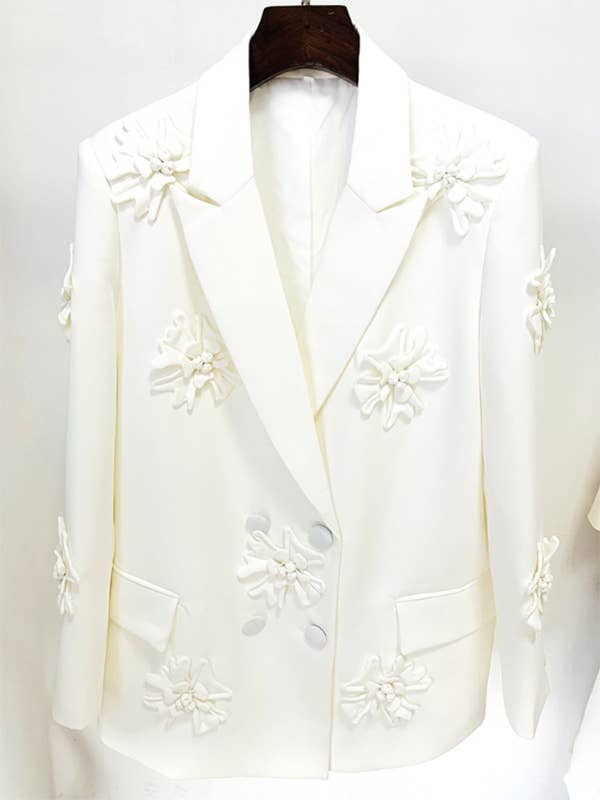 ginghamandposh - Wholesale Blazer - Women's - Flower-Embellished Solid Color Long Sleeve Blazer