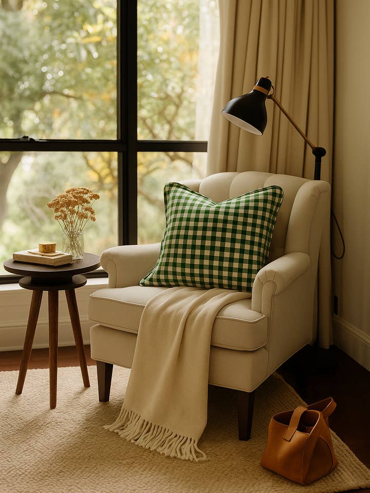 Funda de cojín de lino francés puro con detalle de pestaña - Gingham celta para venta al por mayor de Mama and Tochter