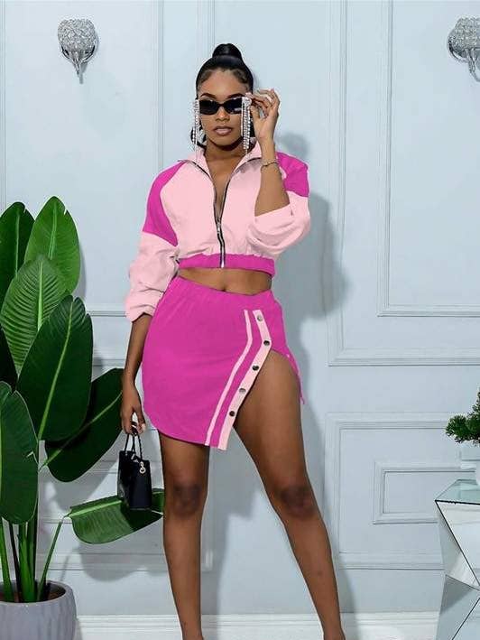 Flarix - Wholesale Top & Skirt Set - Women's - color block zipper cropped jacket slit skirt 2pcs1
