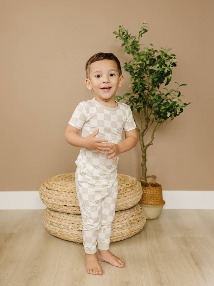 Little Joy Co. - Wholesale Sleepwear Set - Kids - Neutral Checker 2pc Bamboo Pajamas Toddler Boy PJs Set Check