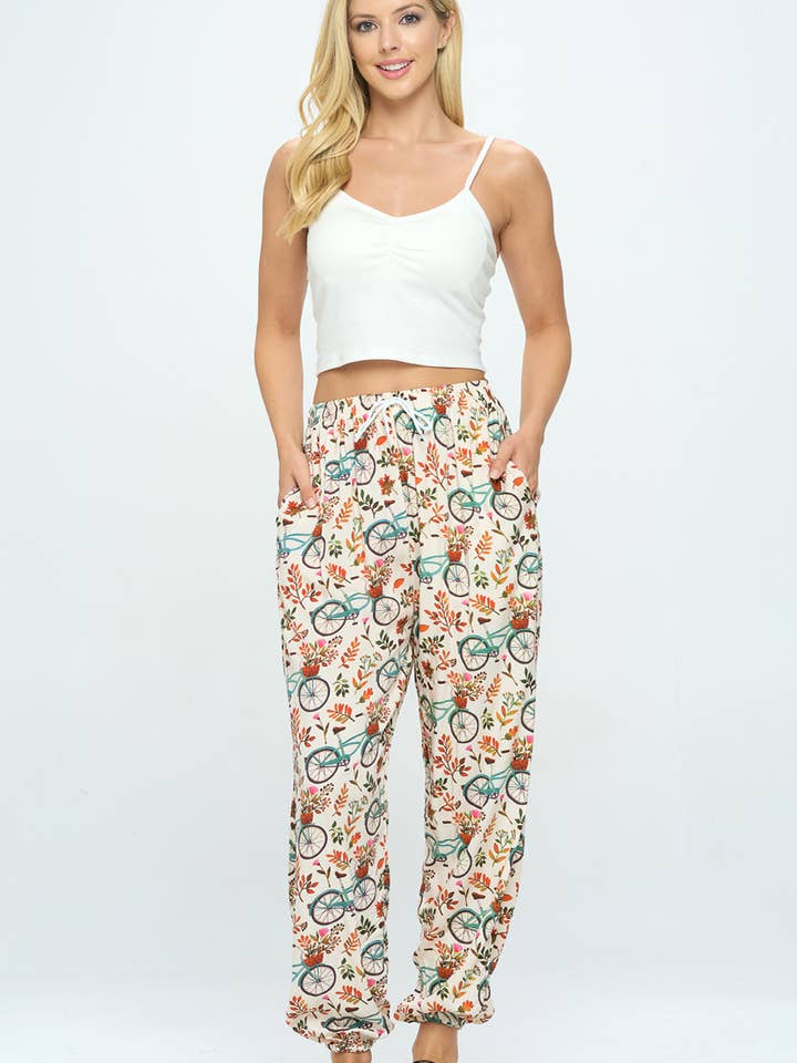 Bicycle with Floral Print Pant With Drawstring and Pocket for wholesale by LA Soul