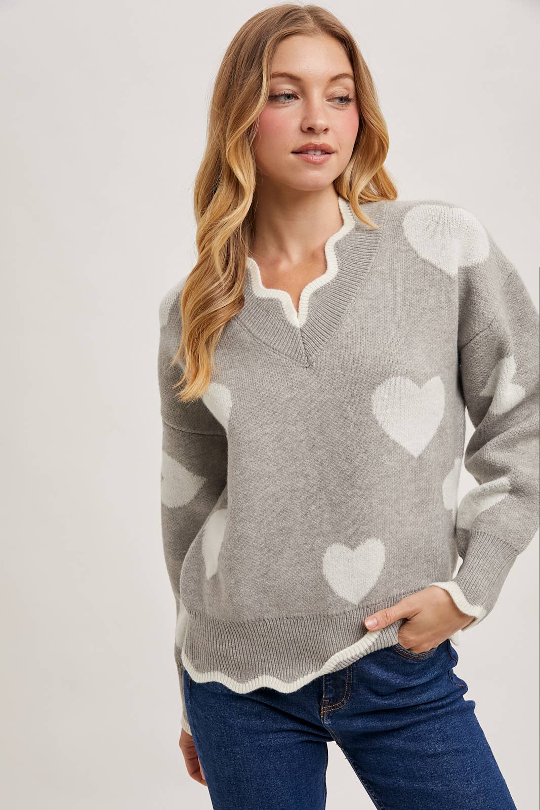 Bluivy - Wholesale Knit Sweater - Women's - HEART SCALLOP TRIMMED CONTRAST KNIT SWEATER VALENTINE'S DAY4