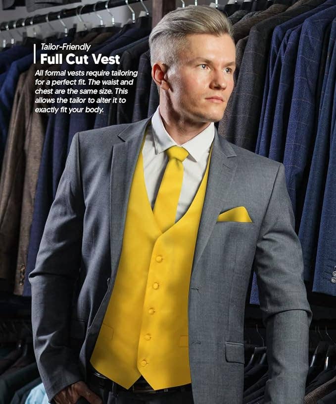 Dubal Brothers - Wholesale Suit Vest - Men's - Vittorio Farina Solid Satin Vest Set (White Back) Var. 02 (Mustard-Yellow)44