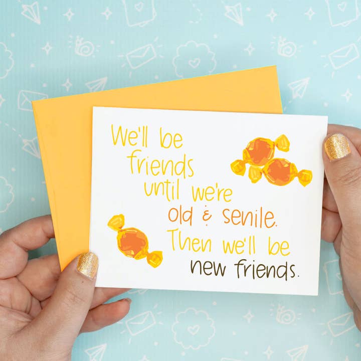 Old and Senile Friendship Funny Recycled Greeting Card for wholesale by Colette Paperie