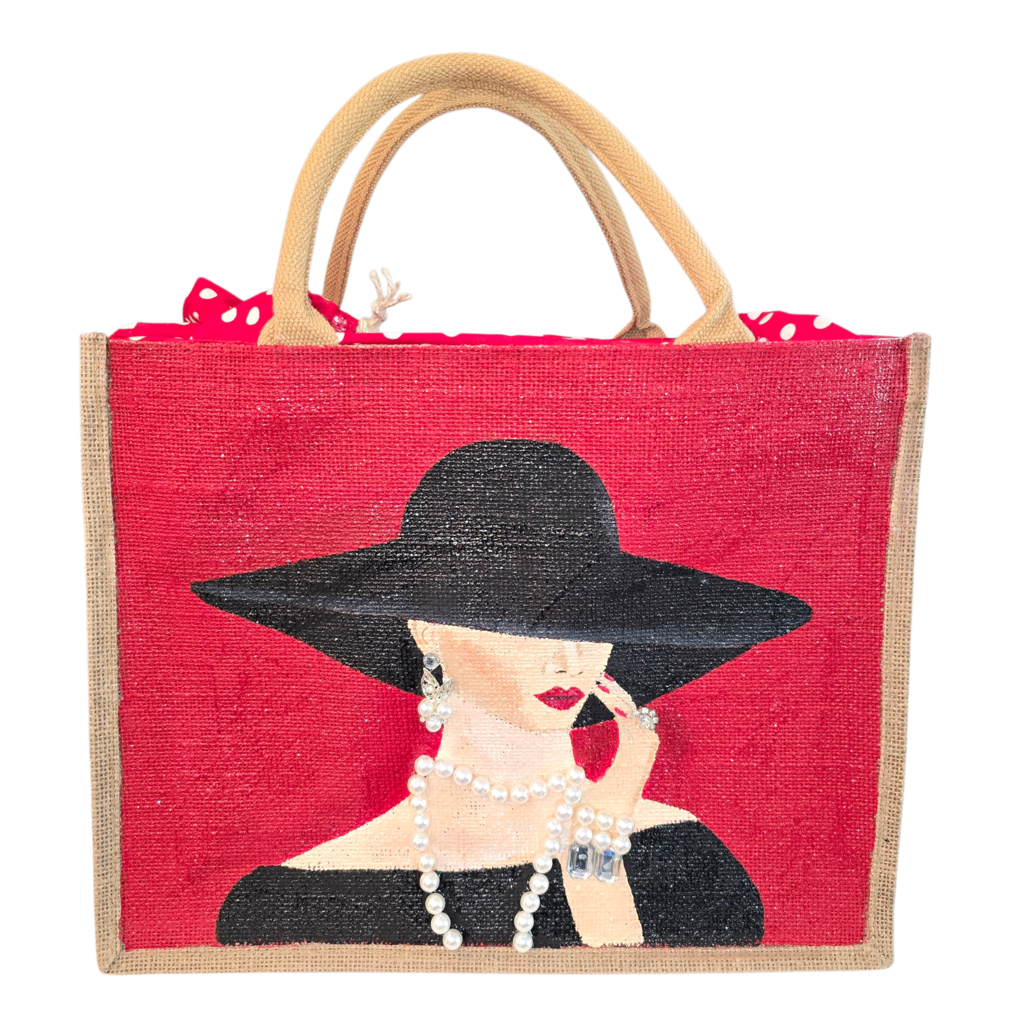 Dana's Uncommon Glass - Wholesale Tote Bag - Women's - Hand-Painted Jute Tote – Elegant Lady in Hat – Pearl Accents2