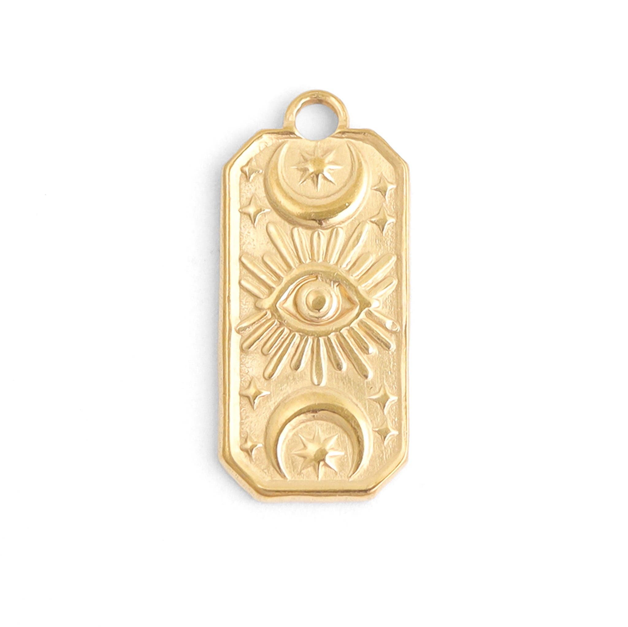 WJW - Venta al por mayor Abalorios/colgantes individuales - Dije rectangular de ojo místico malvado en acero inoxidable chapado en oro 18K0