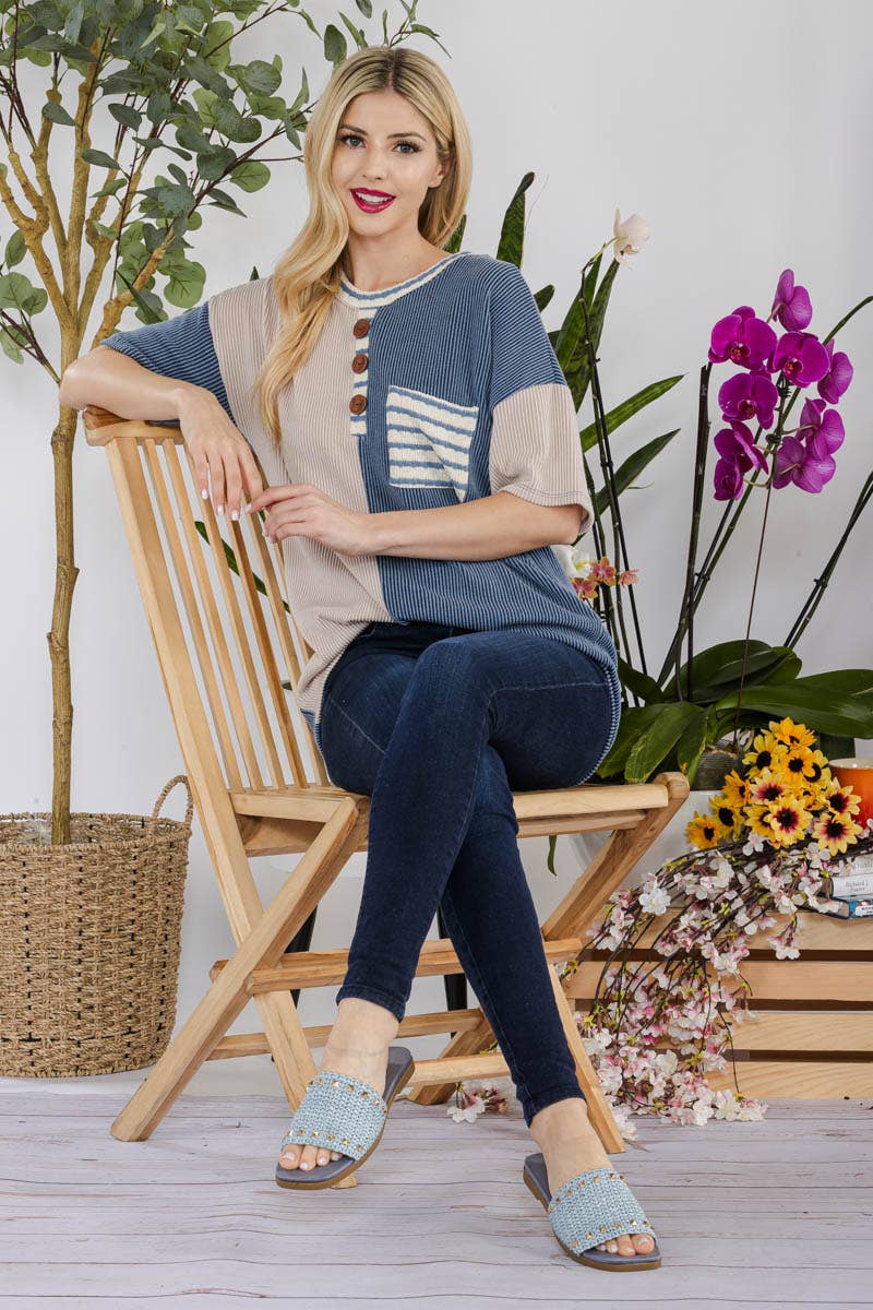 Celeste Clothing - Wholesale Tunic - Women's - URBAN RIB COLOR CONTRAST T-SHIRT WITH POCKET -CT43877A10