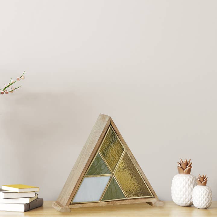 River of Goods - Wholesale Accent/Desk Lamp - 11"H Stained Glass Triangle Shade Wood Base Accent Lamp15