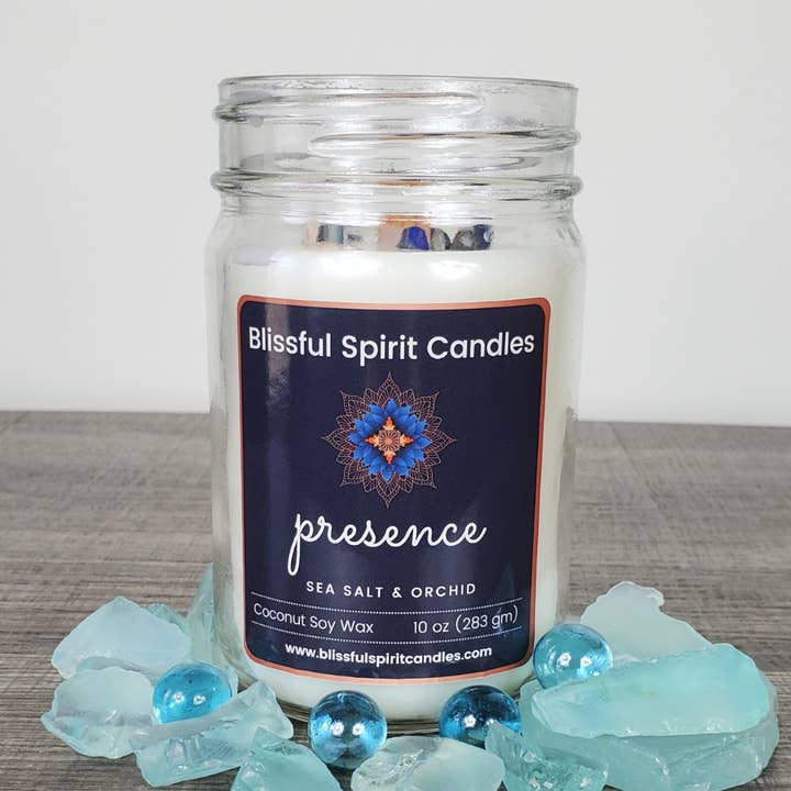 Presence - Coconut Soy Wax, Wooden Wick with Genuine Crystal for wholesale by Blissful Spirit Candles