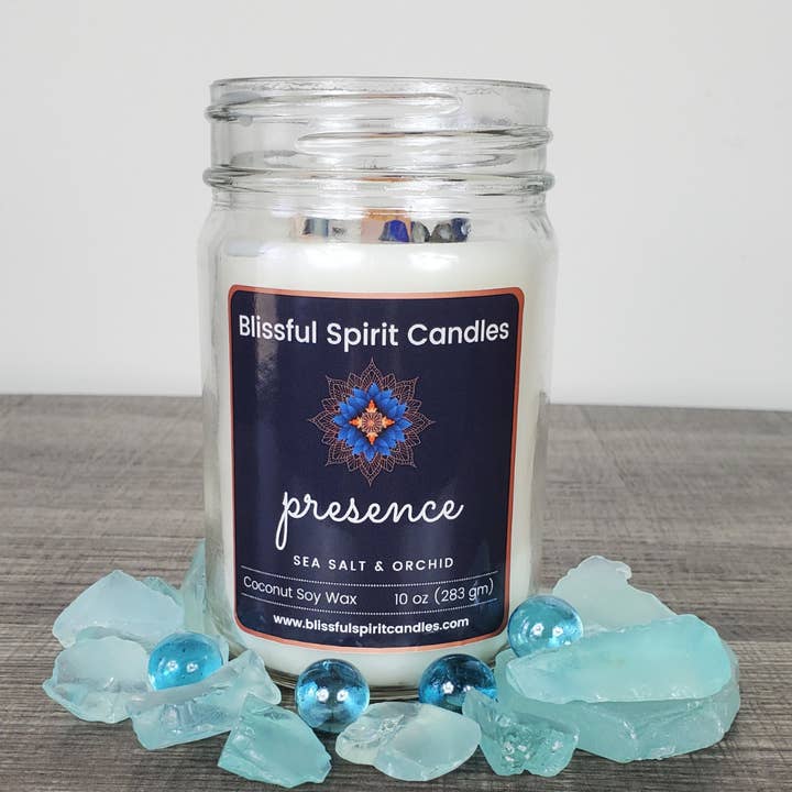 Blissful Spirit Candles - Wholesale Jar/Filled Candle - Presence - Coconut Soy Wax, Wooden Wick with Genuine Crystal