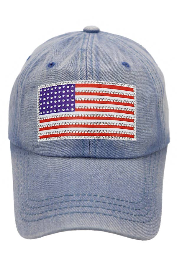 Cap Zone - Wholesale Baseball Cap - Unisex - American Flag Rhinestone Patch Washed Denim Baseball Cap19