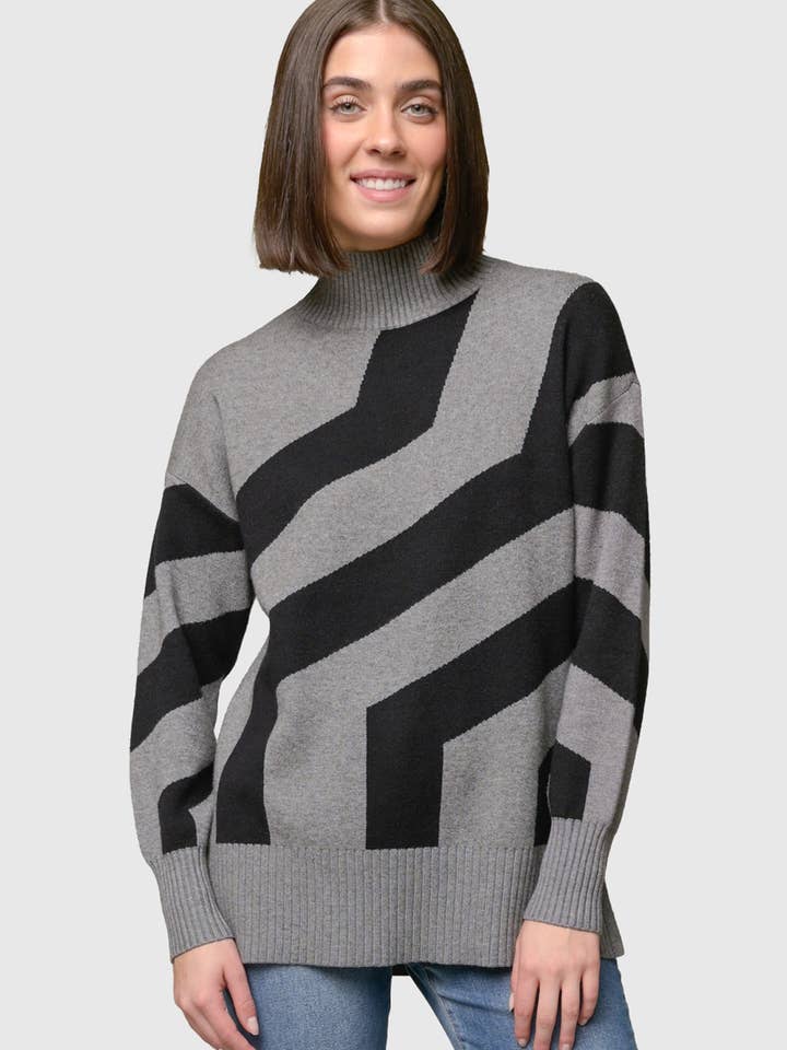 Jacquard Hi-Lo Mock Neck Tunic Sweater for wholesale by Pine Apparel